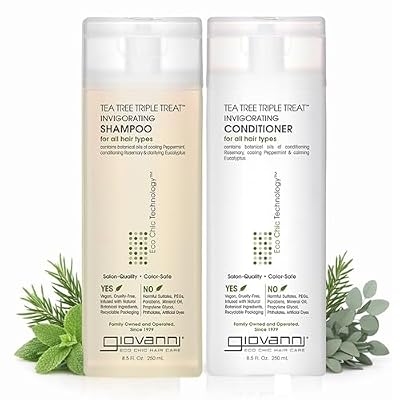 GIOVANNI Tea Tree Triple Treat Invigorating Shampoo & Conditioner Set - Cooling Peppermint, Eucalyptus, Rosemary, Helps Dry, Flaky Scalp, Salon Quality, Vegan, Cruelty Free - 8.5 oz Each