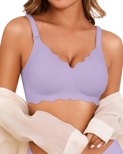 Seamless Jelly Bras for Women No Underwire Push Up Bra Full Coverage V-Neck Wirefree Bralettes Soft T-Shirt Everyday Bra, Purple, X-Large