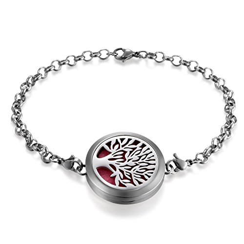 Cupimatch Damen Herren Aromatherapie Diffusor Armband, Edelstahl Lebensbaum Anhänger Armband mit 6 Pads, Silber Cover