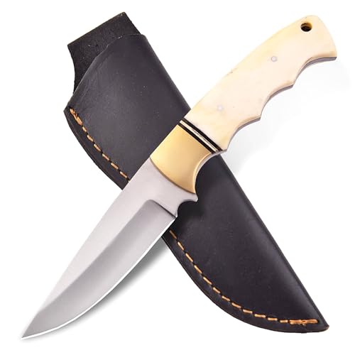 Handgefertigtes Jagd Messer mit Lederscheide zum Häuten, Camping, Outdoor 6213 (Knohen)