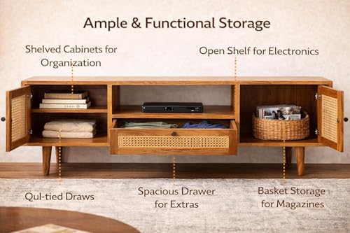 Image of Premium Solid Wood, 10 Minutes Assembly (Legs Only), Aesthetic Rattan Doors, Mid Century Entertainment Center for Living Room, TV Stand for 65 inch TV, Dark Chocolate (Unipue Natural)