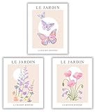Le Jardin Posters for Room Aesthetic - Unframed Set of 3 (12x16 inch) Danish Pastel Room Decor, Butterfly Wall Art, Boho Wall Decor, Room Decor Aesthetic, Flower Market Posters, Purple Butterfly Pink Poppy Artsy Poster Prints for Living Room Bedroom by zagly wall decor (12x16 inches, Unframed)