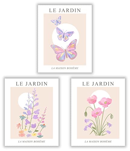 Le Jardin Posters for Room Aesthetic - Unframed Set of 3 (12x16 inch) Danish Pastel Room Decor, Butterfly Wall Art, Boho Wall Decor, Room Decor Aesthetic, Flower Market Posters, Purple Butterfly Pink Poppy Artsy Poster Prints for Living Room Bedroom by zagly wall decor (12x16 inches, Unframed)