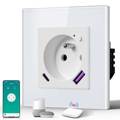 BSEED Prise Connectée Zigbee, Prise Programmable Electrique avec PD 20W USB/TYPE C, Fonction de surveillance énergétique, Compatible avec Alexa/Google Home/Tuya APP(Hub Zigbee Requis), 86mm, Blanc