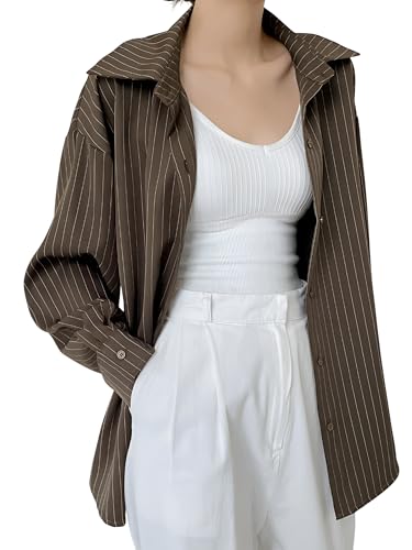 Image of GRECIILOOKS Striped Shirt for Women | Korean Style Full Sleeve Oversized Button Down Shirts | Tops for Women | Shirt for Woman | Plus Size Top for Office & Casual Outfit