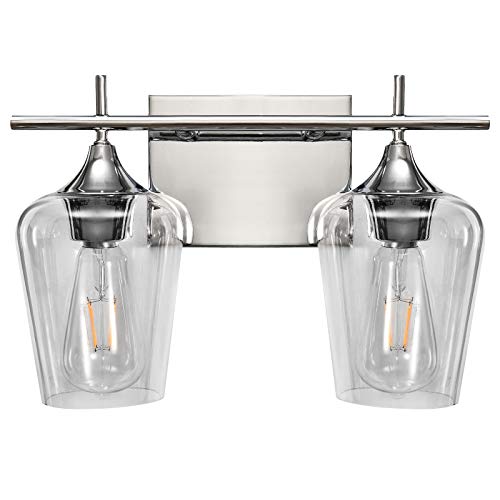 Image of Vanity Lights Fixtures 2 Light Bathroom Light Fixtures, Chrome Bathroom Lighting Fixtures Over Mirror with Clear Glass Shade Modern Vanity Lighting for Bath, Living Room, Bedroom