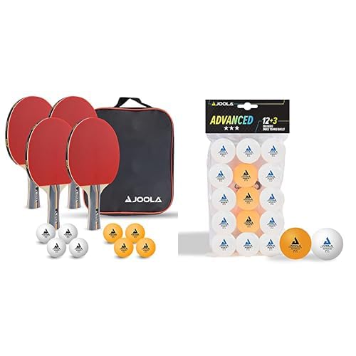 JOOLA-54825 Set de Tenis, Multicolor, única (54825) & 44206 - Pelotas de Tenis de Mesa (3 Estrellas, 40 mm de diámetro, 15 Unidades), Color Blanco y Naranja