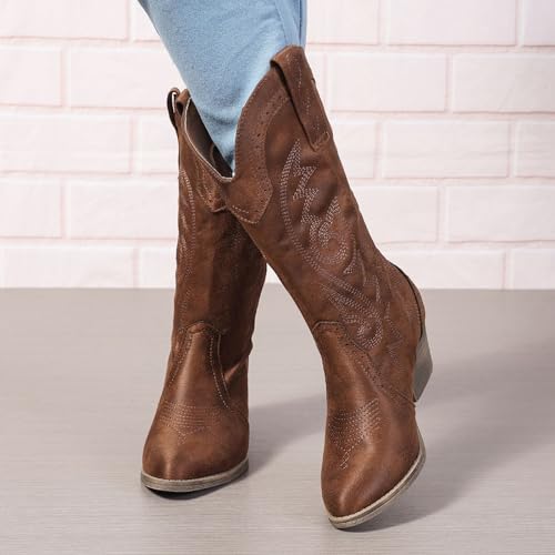Image of SelRoys Cowboy Boots for Women Cowgirl Mid Calf Western Pointy Toe Boots Embroidered Stitched Chunky Heel Red Brown US5-11