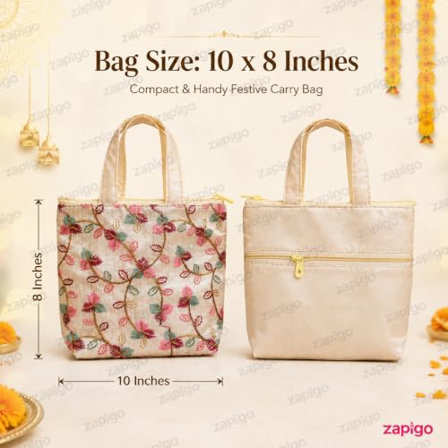 Image of Habba Embroidered Floral Tote Bag for Women, Zip Closure Compact Ethnic Festive Wedding, Mehendi, Haldi, Navratri, Diwali, Baby Shower, Gruhapravesam Return Gift Bag, Pack of 10