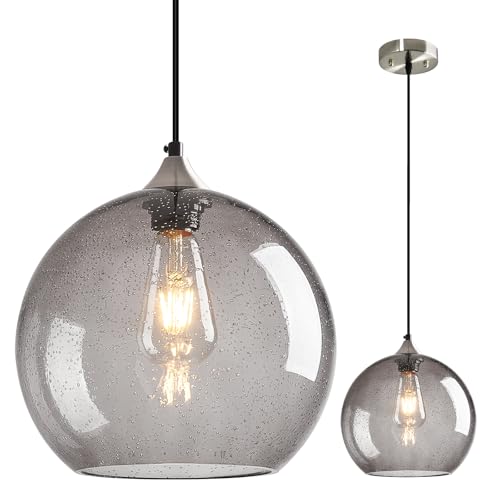 Image of Light Grey Glass Pendant Lights Kitchen Island Globe Pendant Light Fixtures Modern Pendant Lighting for Bedroom Living Dining Room Light Fixture (9.84 in, 1 Pack)