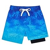 Belovecol Blue Leaf Compression Swim Trunks Boys Anti-Chafe Boxer Brief Liner Bathing Suits Soft No Mesh Drawstring Swim Shorts Beach Boardshorts Size 14-16