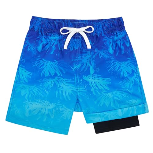 Belovecol Blue Leaf Compression Swim Trunks Boys Anti-Chafe Boxer Brief Liner Bathing Suits Soft No Mesh Drawstring Swim Shorts Beach Boardshorts Size 14-16