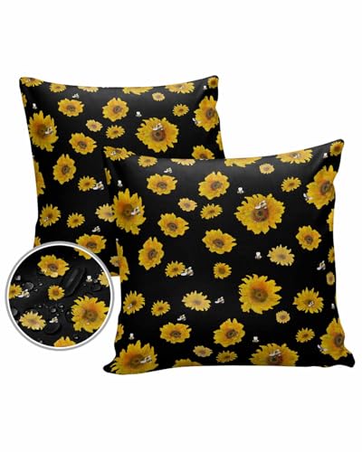 Sunflower Black Outdoor Pillow Cover 20x20 Inch Cushion Sham Case,Waterproof Decorative Square Throw Pillowcase for Outside Garden Patio Porch Couch Chair Tent Abstract Painting Bee Summer Spring