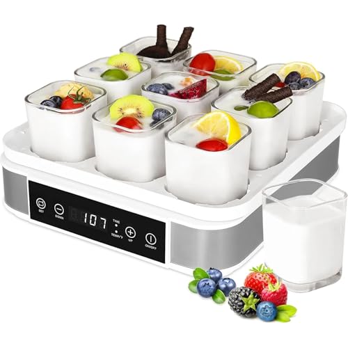 BESTXH Gris, Yogurtera Digital, Yogurtera Digital con Control De Temperatura Y Control De Tiempo, Altura De 5,7', 9 Tarros De Cristal De 52 Oz Yogurtera De Acero Inoxidable, para Postres