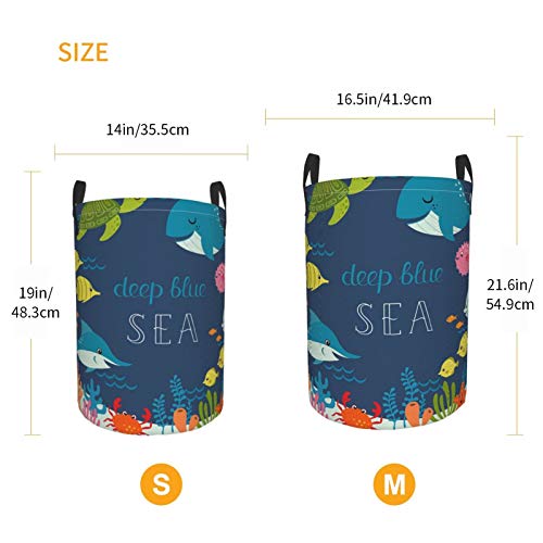 Janrely Large Round Storage Basket With Handles,Cartoon Underwater Sea Animal Deep Ocean Starfish Turtle Blue,Waterproof Coating Organizer Bin Laundry Hamper For Nursery Clothes Toys 19"X 14" #TOP3