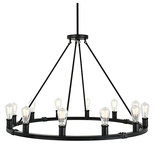 Kira Home Jericho 42" 12-Light Large Industrial Rustic Farmhouse Wagon Wheel Chandelier, Round Kitchen Island Light, Black Finish