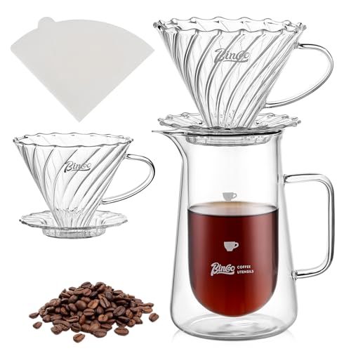 Double Wall Pour Over Coffee Maker Set - 400ml Insulated Glass Carafe with Handle, Dripper & 50 Filters, Coffee Server for Pour Over, Borosilicate Glass for Coffee, Tea, Cocktails & All Beverages