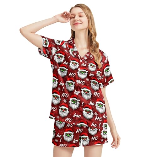 Image of Funny Satin Pajamas Set for Women Button Down Sleepwear Print Pjs Set 2 Piece Short Sleeve Loungewear Gift for Women