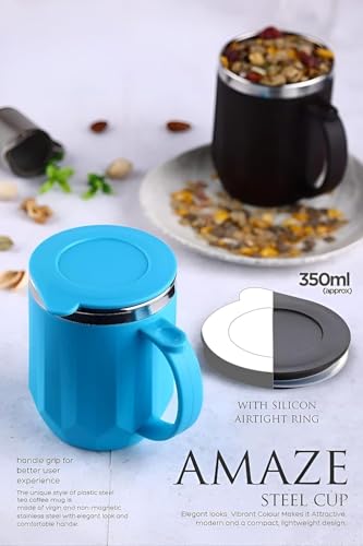 Image of Insulated Coffee Mug 350 ml - Leakproof Lid, Double Wall Stainless Steel Tea Mug, Cool Touch Outer, Travel Cup for Office & Car, Keeps Drinks Hot /Cold - Blue