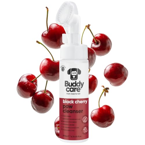 Buddycare Hundepfotenreiniger mit schwarzem Kirschduft, 200 ml – kein Ausspülen, wasserloser Pfotenreiniger für Hunde – sanfte Lösung für schlammige Pfoten, geeignet für alle Rassen – bequem und