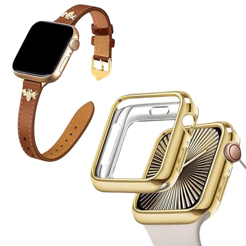 JR.DM Slim Leather-Bands and 40mm Soft Flexible TPU Case Touchable Screen Lightweight Anti-Scratch All-Around Protector Thin Guard Shockproof Cover Shiny Bumper for iWatch, Gold