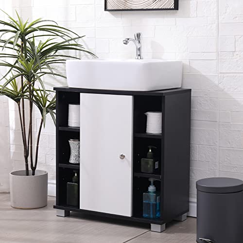 IKAYAA Muebles de Baño Bajo Lavabo,Armario Baño Debajo del Gabinete del Fregadero,Armario Bajo Lavabo,3 Estantes Ajustable con 1 Puerta,Negro 60 * 30 * 64 cm Cover