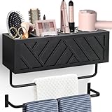 Hair Tool Organizer Wall Mount, Hair Dryer Holder with 2 Towel Bars, Wood Hot Tools Organizer, Rustic Bathroom Organizer Blow Dryer Holder for Bathroom Decor, Flat Iron, Curling Wand, Brushes(Black)