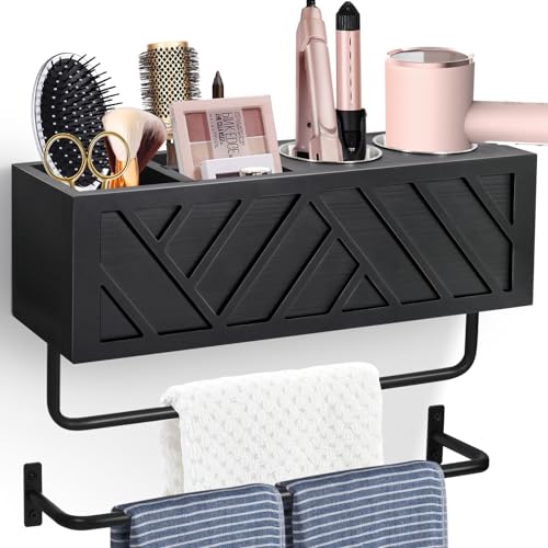 Hair Tool Organizer Wall Mount With 2 Towel Bars, Wood Hot Tools Holder, Rustic Bathroom Blow Dryer Holder For Decor, Flat Iron, Curling Wand, Brushes (Black)