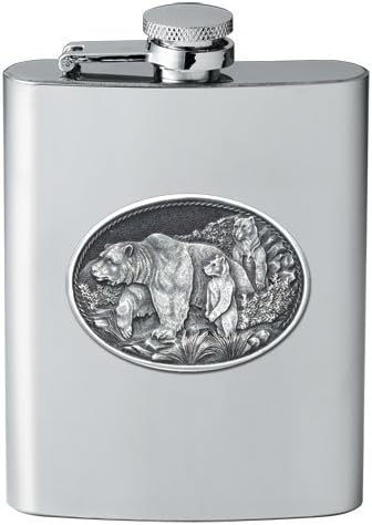 Heritage Pewter Grizzly Bear Flask | 8 Ounce Liquor Flask Container - Stainless Steel | Intricately Crafted Metal Pewter Inlay