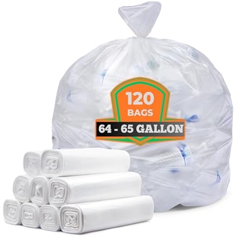 Veska 64-65 Gallon Clear Trash Bags, 120 Count Bulk Large Clear Trash Bags, Heavy Duty Garbage Bags, Large Garbage Bags and Trash Can Liners, 120 Clear Garbage Bags on Roll Cover