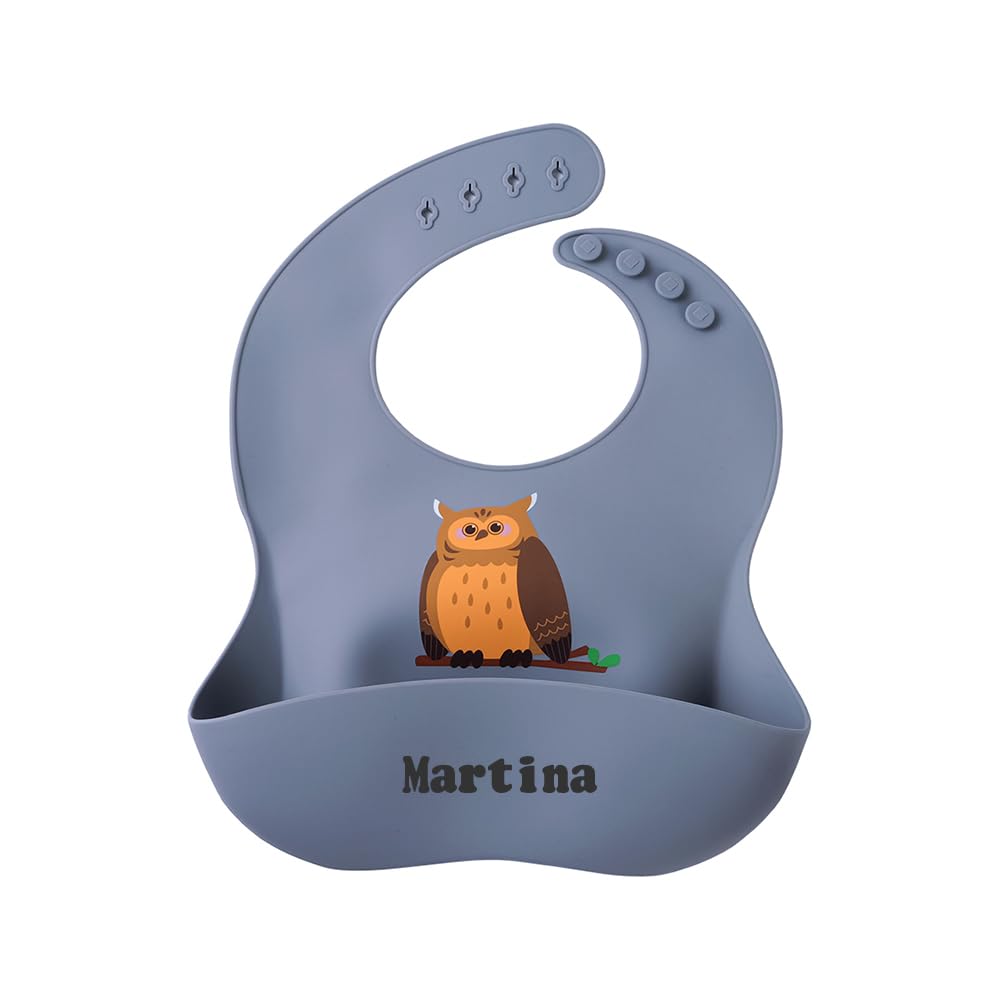 TYRY.HU Personalised Silicone Bibs for Babies & Toddlers Customized Name Soft Waterproof Baby Feeding Bib Adjustable with Wide Food Catcher Pocket Blue Owl