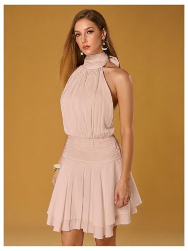 Image of Floerns Women's Summer Mini Dress Sleeveless Halter Backless Ruched Date Night Layered A Line Dresses