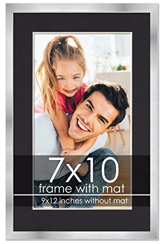 7x10 Frame with Mat - Silver 9x12 Frame Wood Made to Display Print or Poster Measuring 7 x 10 Inches with Black Photo Mat