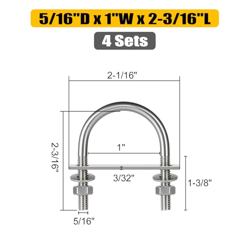 Image of 4 Sets Round U Bolts, u-Bolts 1 Inch Wide, 304 Stainless Steel U Bolt,with Nuts,Bolt Plate and Washers for Boat Trailer Tube(5 /16 inch D x 1 inch W x 2-3 /16 inchL)