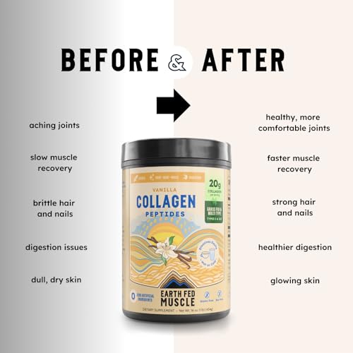 Image of Earth Fed Muscle Vanilla Collagen Peptides, Third-Party Certified. 20g Protein, Vanilla - Grass Fed, Non-GMO, Hormone Free, Gluten Free - Multi-Type - 20 Servings