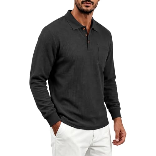 Mens Long Sleeve Polo Shirts Button Down Collar Golf Shirt | Trendy Casual, Button Down Collar, Chest Pocket, Slim Fit, Lightweight, Golf, Work, Fall, Winter Black XL - image 8