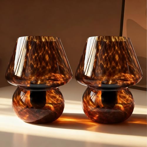 Clora Bedside Table Lamp Set of 2 Glass Mushroom Lamp with 3 Color Temperatures, Small Nightstand Lamp 5W LED Bulb Included Murano Style Cute Home Decor for Living Room Bedroom Office (Amber)