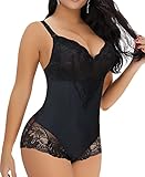 YARRCO Body Shaper Damen Bauchweg Shapewear Spitze Shaping Bodysuits Figurformende Unterwäsche Miederbody Miederslip (Schwarz, M)