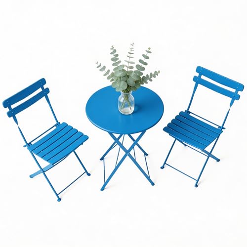 GarveeHome GarveeHome 3 Piece Foldable Patio Bistro Set, Outdoor/Indoor Metal Table and Chairs Furniture, Compact Round Table with 2 Folding Chairs for Balcony, Porch, Deck, Garden, Apartment, Small Sp