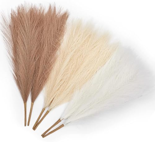 Image of CURATED CART Faux Pampas Grass Set of 3 Small Artificial Flowers for Home, Office, Bedroom, Living Room & Table Decor - 1 Each Beige, White, Brown, 41 cm, (Without Vase)