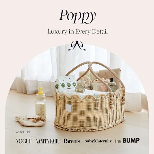 BEBE BASK Premium Baby Diaper Caddy Organizer - Handmade & Award-Winning Scalloped Rattan Basket - Luxury Diaper Caddy Basket - Elegant Scalloped Edge (Natural)
