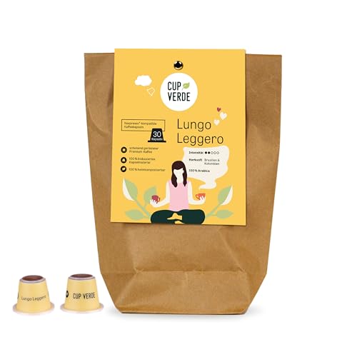 Cup Verde – 30 Lungo Leggero Kaffeekapseln kompatibel mit Nespresso* / mild und säurearm / nachhaltig - heimkompostierbar - schonend geröstet