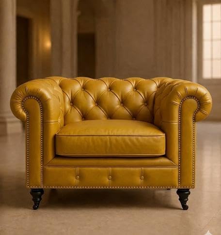 Image of Classic Leatherette Chester Sofa Set Button Tufted, Classic Style Sofa Set 3-Person Sofa for Living Room, Office, and Hallway Colour (Yellow Leatherette, 3+1+1= 5 Seater Sofa)