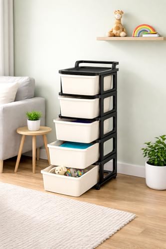 Image of KITCHIVO Heavy Duty Plastic Storage Drawer with Wheels | Modular Cabinet for Bedroom, Office, Home or Classroom| Chest of Drawers Organiser for Cosmetics, Kitchen items, Toys (Black & Ivory, 5)