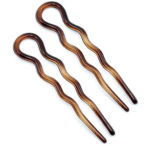 Camila Paris AD824 French Twist Stick Hair Fork, 2 Medium Wavy U Shaped Hair Pin Clip for Spiral Updo and Bun, Tortoise Shell, Fashion Flexible Styling Hair Accessories for Women, Made in France