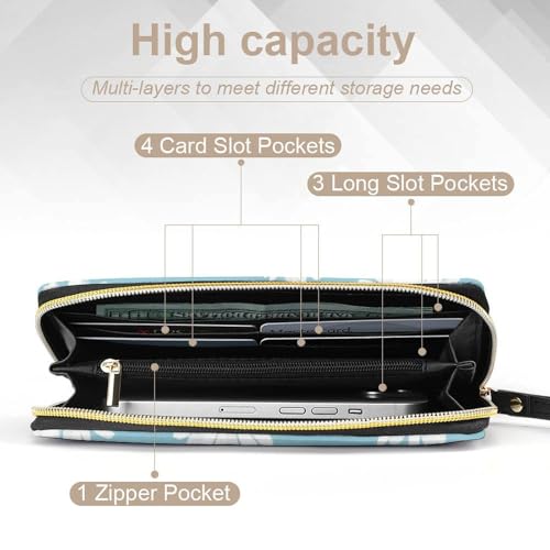 Women's Cute Decor Long PU Zipper Wallet, Travel Purse Fashion Design, Huge Storage Capacity Purse With Rope Sky Blue Daisy Flowers4