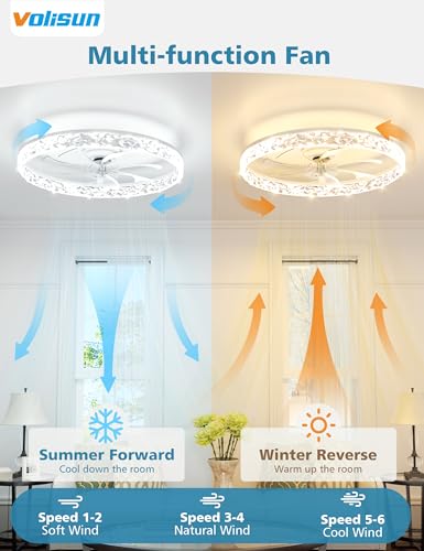 Image of VOLISUN Low Profile Ceiling Fan with Lights and Remote, No Assembly, 24in Modern Ceiling Fans Flush Mount, 3000K-6500K Dimmable Bladeless LED Fan Light, White Fandelier Ceiling Fans for Bedroom