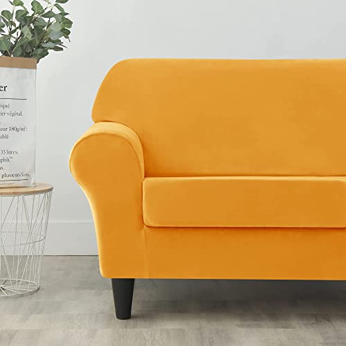 Henbula Stretch Sofa Slipcovers, Thick Velvet Sofa Covers For 3 Cushion Couch Soft Couch Cover Furniture Protector For Kids Pets (Large, Gold) #TOP3