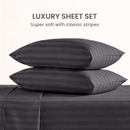 Image of 400 TC Cotton Elastic Fitted Bedsheet with 2 Pillow Covers for Double Bed 48 x 75 6 Inches Dark Grey Stripe Color Fitted Sheet