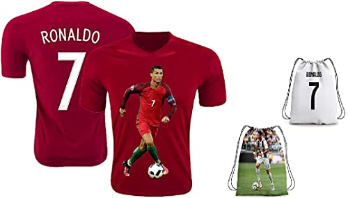 Fanatics Life Ronaldo Jersey Style T-Shirt Kids Cristiano Set Youth Sizes with Soccer Backpack (YM 8-10 Years Old, Red with Bag)